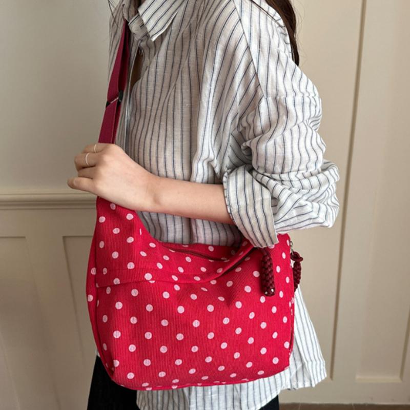 Polka Dot Hobo Bag For Women Corduroy Material Crossbody Bag With Knotted Detail Casual Korean Style Shoulder Bag Daily Commute