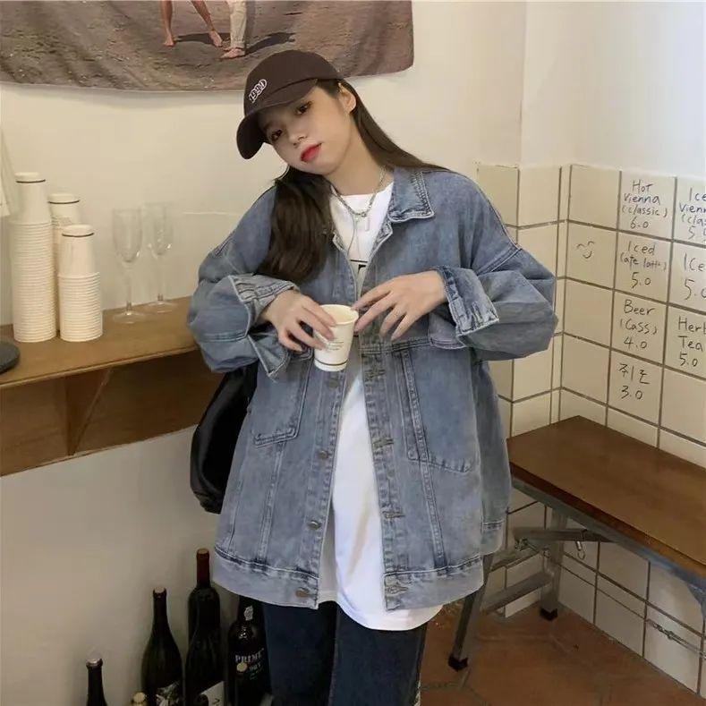 Women's Oversized Retro Denim Jacket - Hip-Covering, Trendy Hong Kong Style for Spring & Autumn