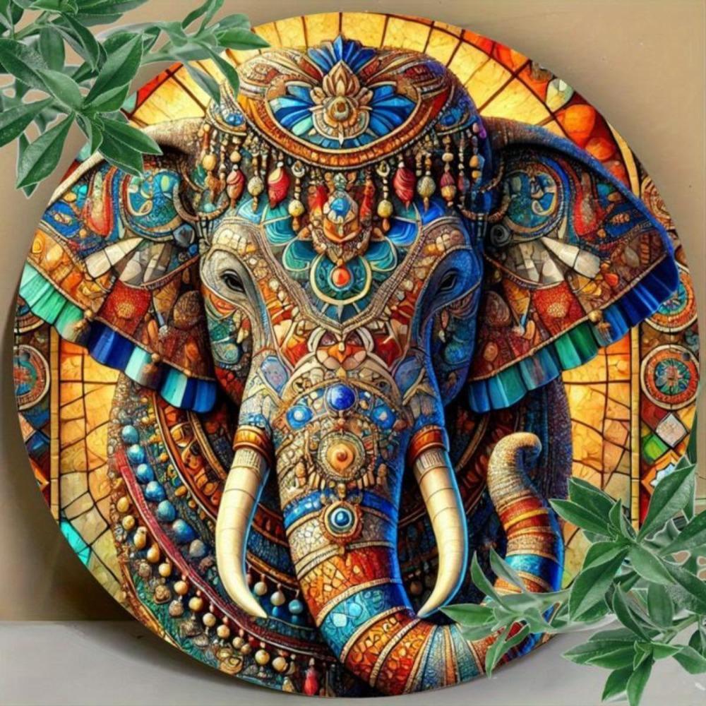 Hisun Tin Sign Vintage Stained Glass Elephant Metal Tin Sign Retro Colorful Bohemian Mandala Elephant with Tribal Ornament Round Wall Art Deco