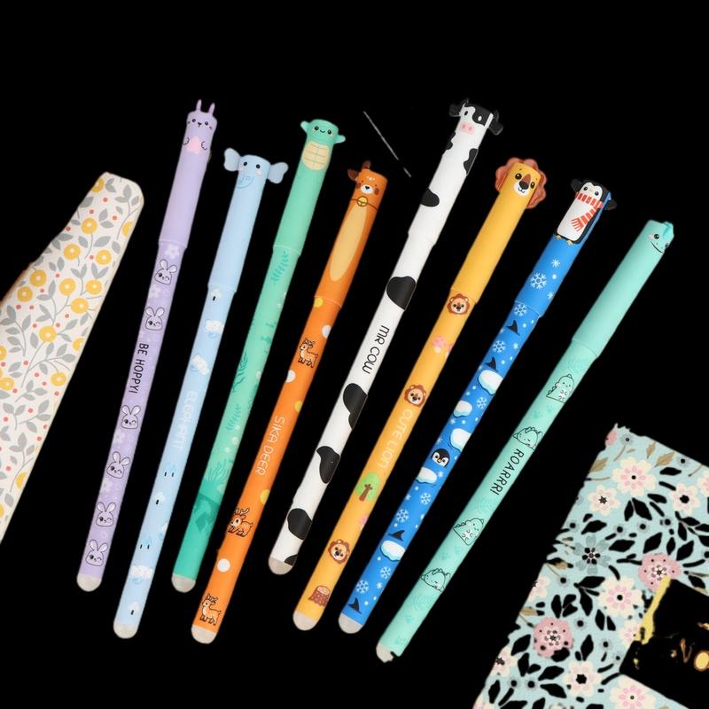 8-Pack Cute Animal Themed Erasable Gel Pens 0.5mm, Multicolored Ink for Smooth Writing, Ideal for Office School Stationery