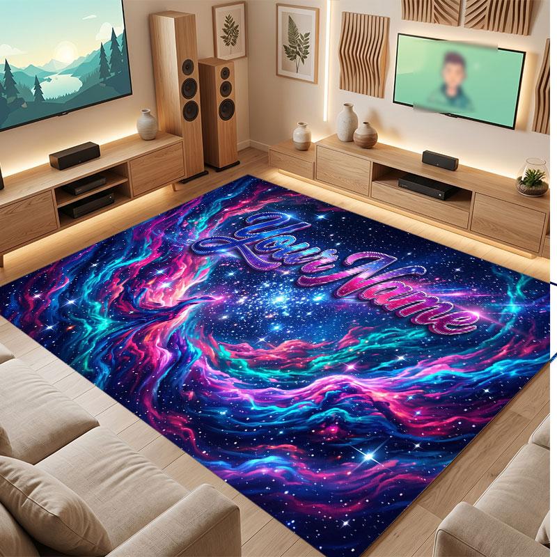 Space Cosmic Theme Crystal Velvet Floor Rug Personalized Custom Name Text Warm Carpet Home Decoration