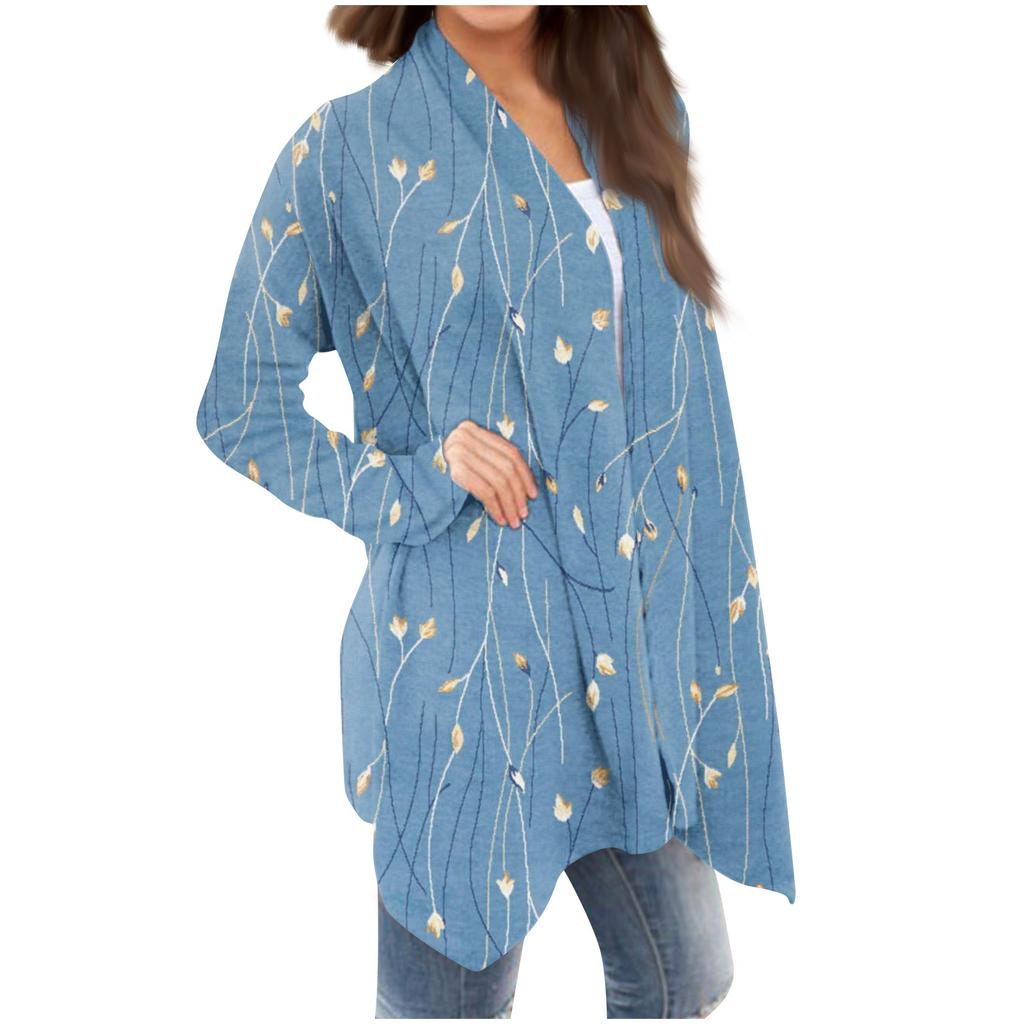Women's Fashion Casual Floral Print Medium Length Cardigan Jacket Coat