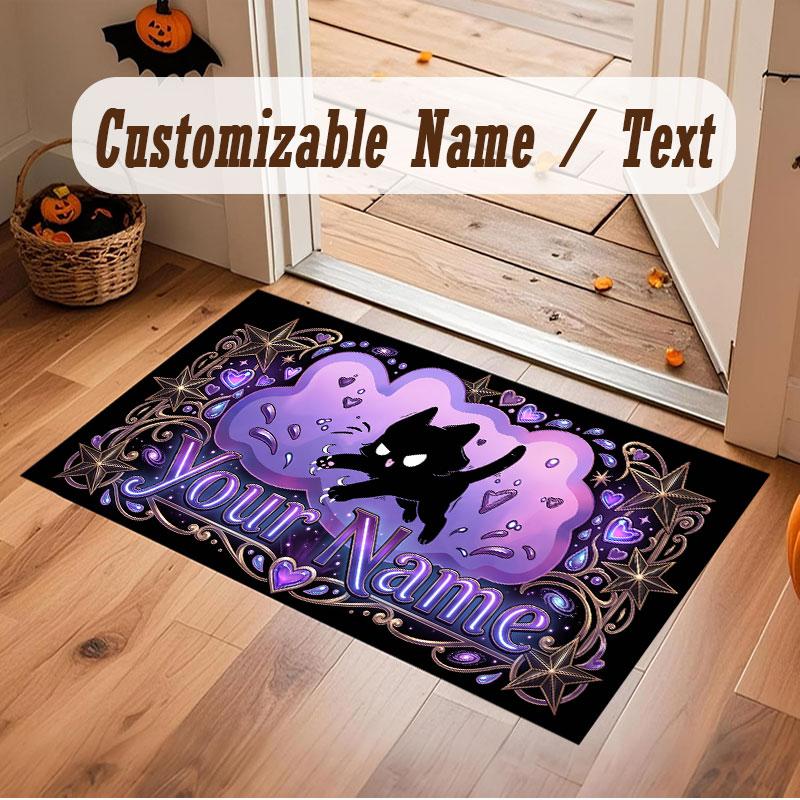 Cat Theme Crystal Velvet Floor Rug Personalized Custom Name Text Warm Carpet Home Decoration