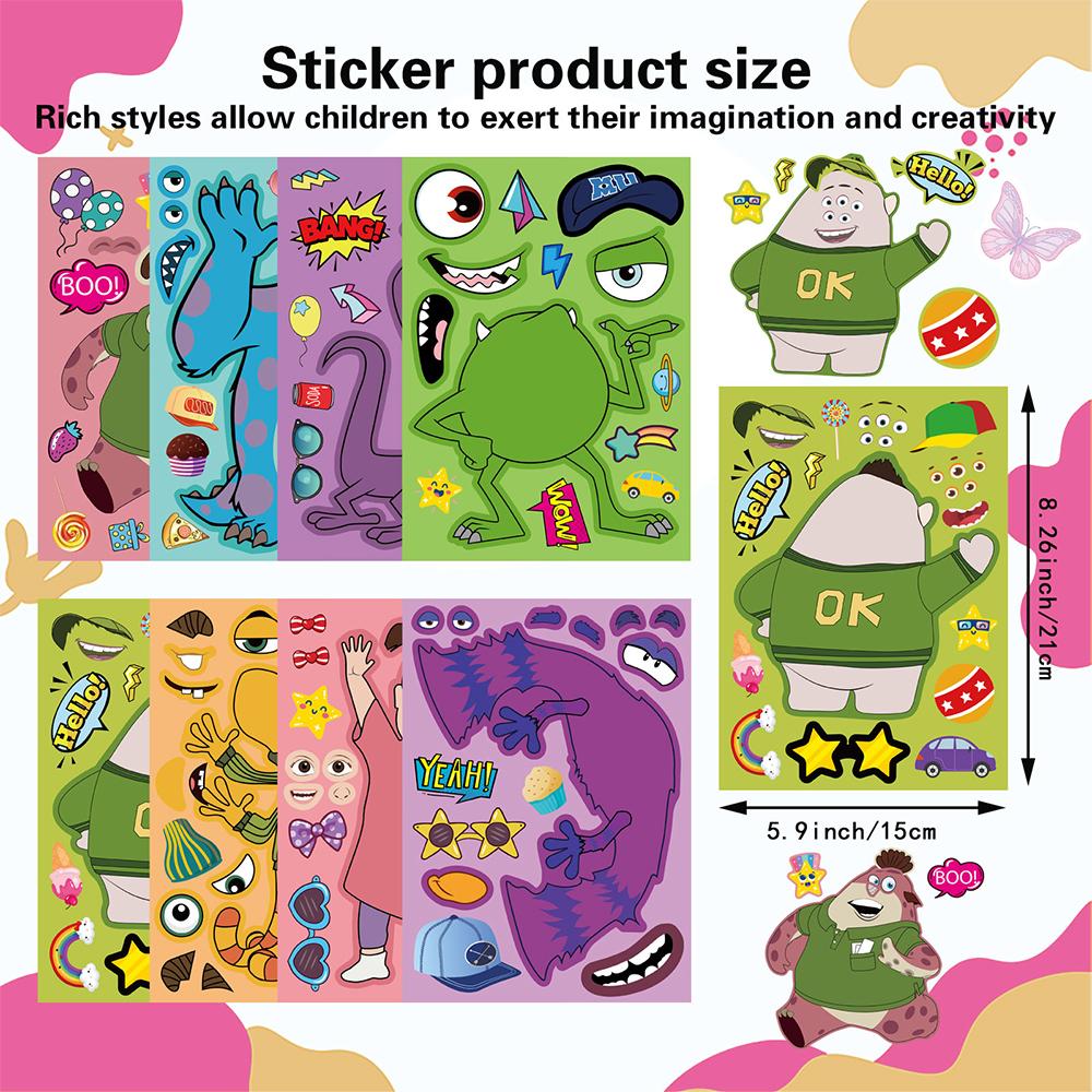 8/16Sheets Monsters Inc Puzzle Stickers Make a Face Assemble Jigsaw Decals Funny Cartoon DIY Toy Party Gift