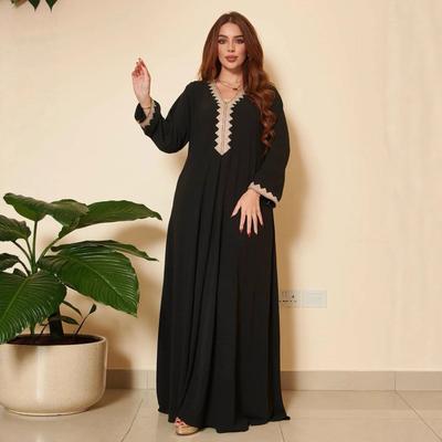 Women's Lace Trim Long Sleeve Maxi Dress Elegant Abaya Muslim Kaftan Formal Evening Gown