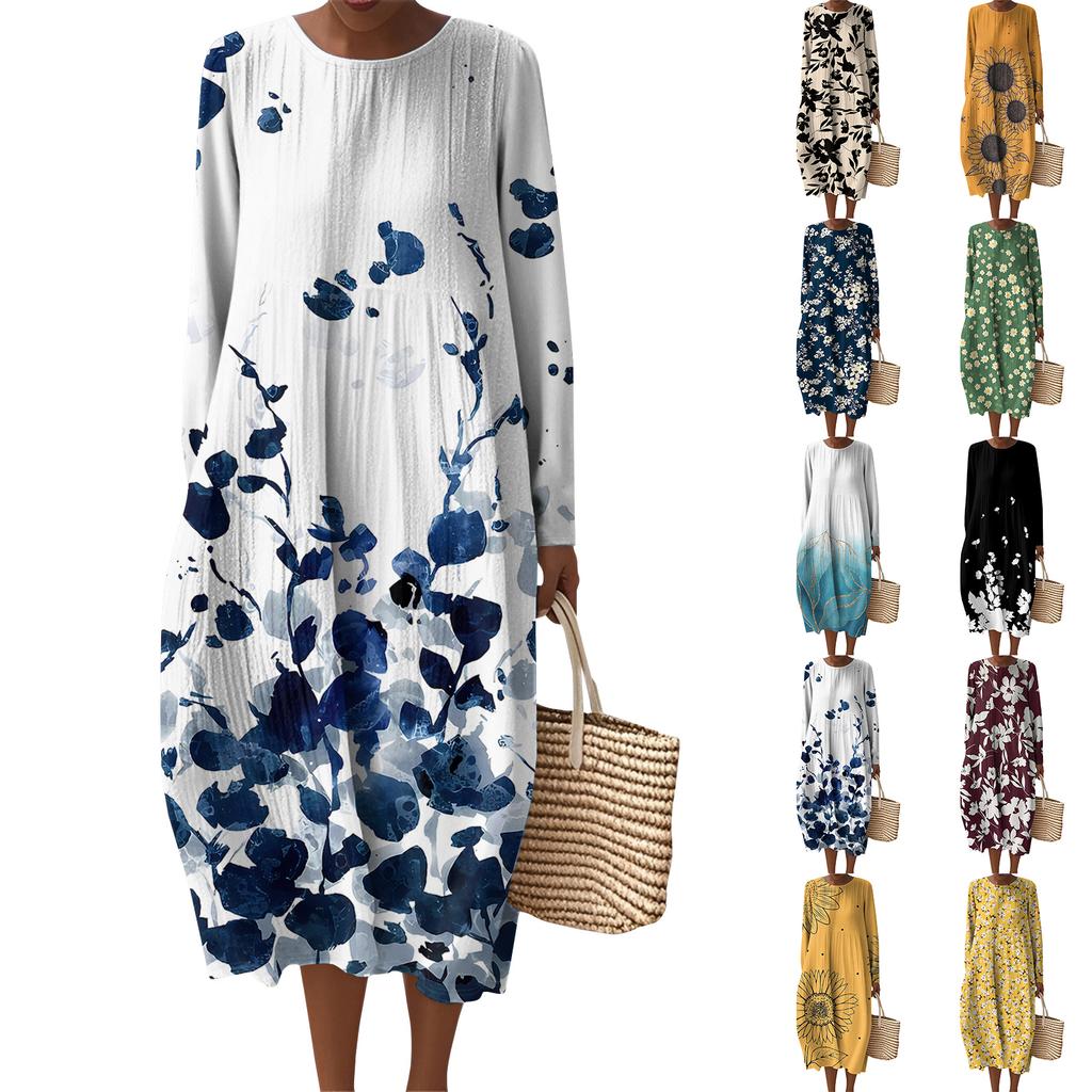 Women's Fashionable Casual Long-Sleeved Round Neck Floral Print Zipper Dress