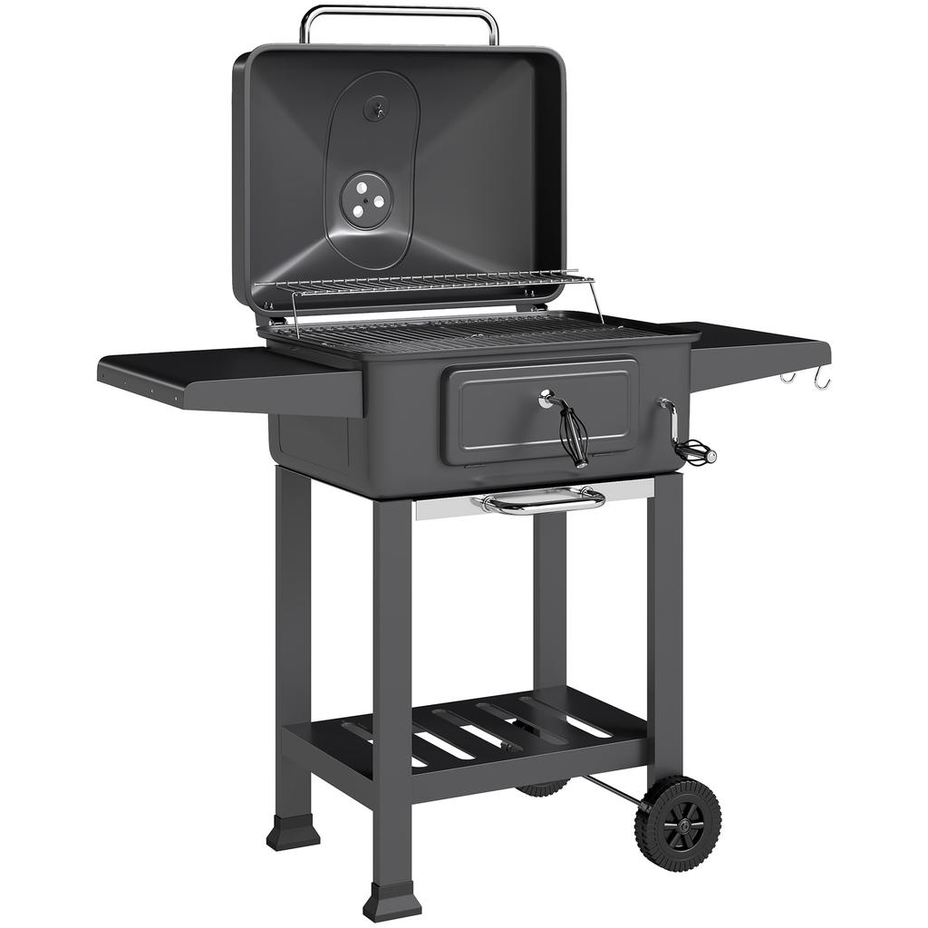 Holzkohlegrill BBQ Smoker mit Deckelthermometer Höhenverstellbare Kohleschale Grillrost Seitentisch Ascheschale