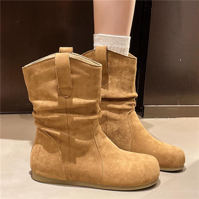 Neuer Stil Damen Wildleder Freizeitstiefel für Damen Mode Stiefelette Kurz Schlupfschuhe Flache Schuhe Retro Vielseitig Weiche Sohle Damenstiefel