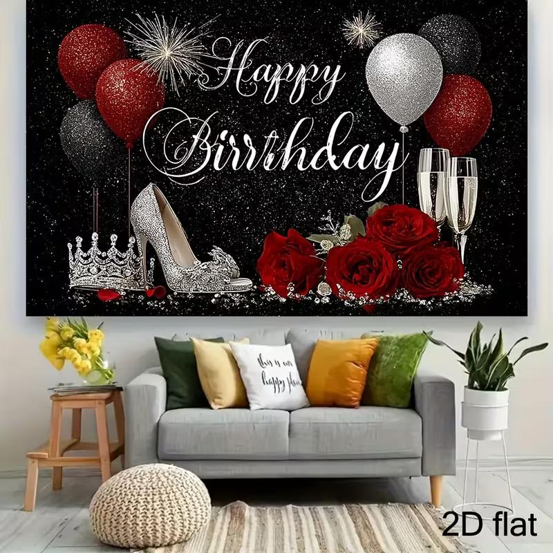 Black Glitter Happy Birthday Backdrop, Red Roses & Balloons for Photoshoot