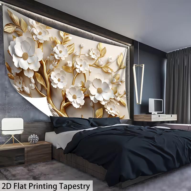 

2D Sophisticated Gold and White Flower Tapestry Modern Room Decor 47.2x31.5inch/120*80cm