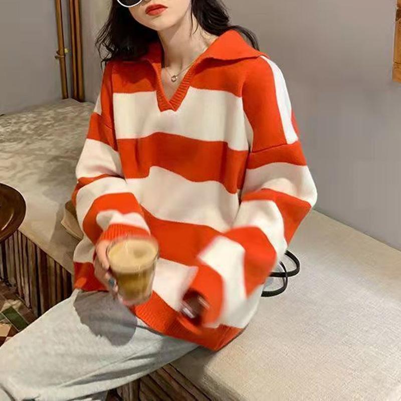 

Новый осенне-зимний корейский вариант, свободный крой, повседневный, супер оверсайз, лацкан в полоску, длинный рукав, утолщенный вязаный свитер 5XL оранжевый