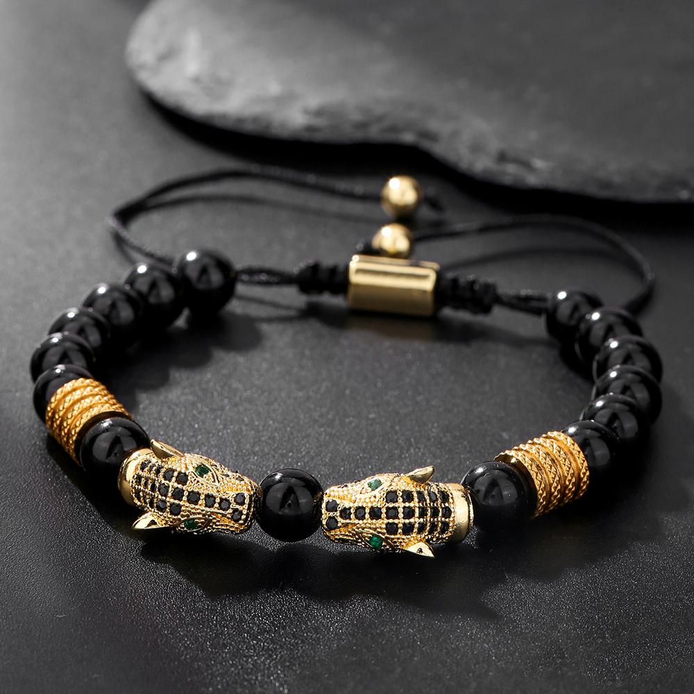 A men's handmade beaded braided bracelet, leopard head vintage jewelry suitable for men's daily wear