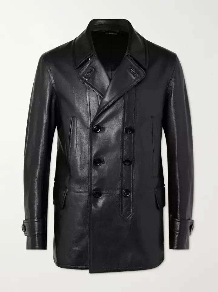 Fashionable New Leather Handmade Lambskin Soft Fit Men Stylish Trench Coat Black