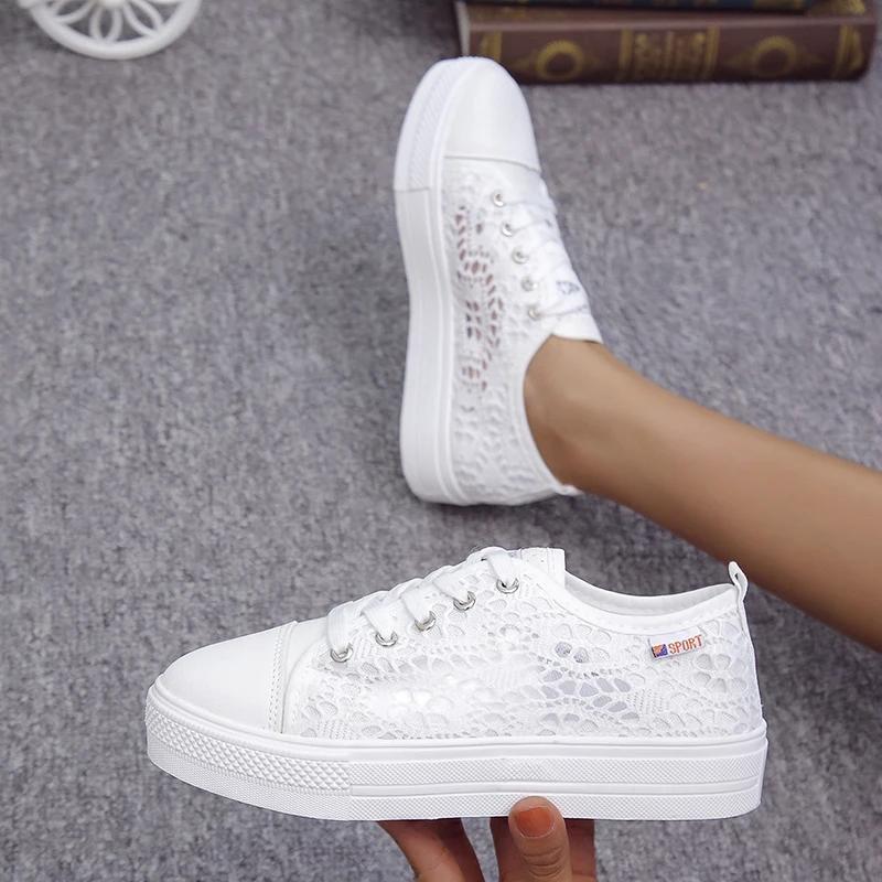 Fashion Women Shoes 2025 Fashion Summer Casual White Shoes Cutouts Lace Canvas Hollow Breathable Platform Flat Shoes Woman Sneakers