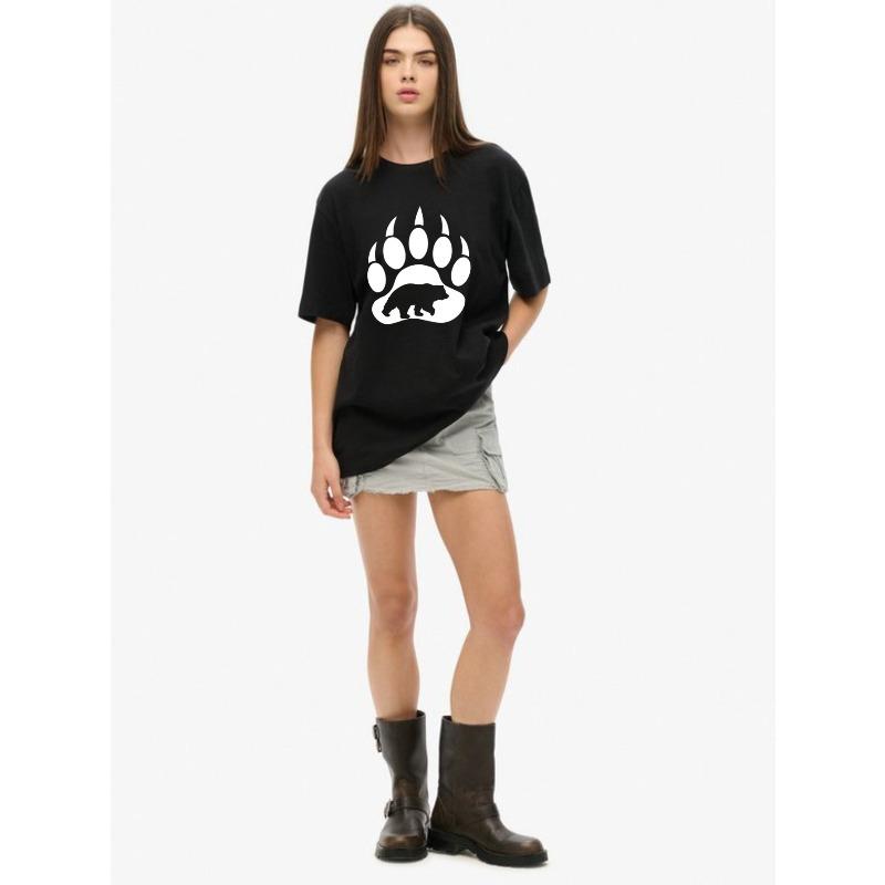 T-shirt Preta Oversized com Estampa de Pata de Urso e Silhueta de Urso para Uso Casual