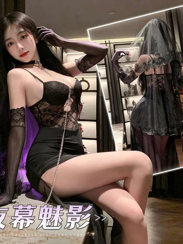 Mesh Lace Black Sweet Sexy Women Sheer Dresses Chest Mat Fish Tail Sleeping Skirt Strap Sexy Uniform Dress Elegant Korean AVN7