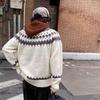 Retro Fair Isle Round Neck Jacquard Pullover - Trendy Loose Knitwear for Couples, Long Sleeve.