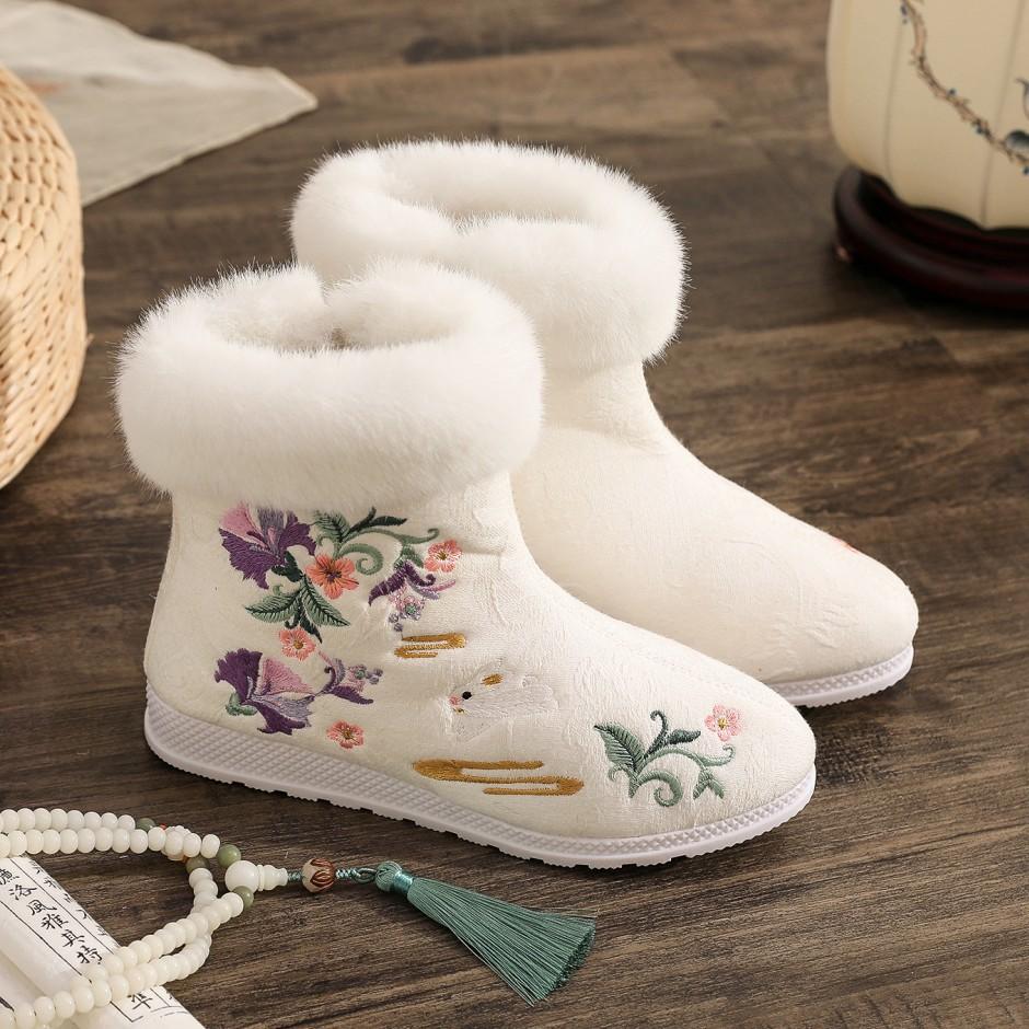 Botas de neve femininas forradas de pele sintética de inverno ao ar livre antiderrapante botas de tornozelo bordadas com zíper casual forrado de pelúcia botas curtas para mulheres