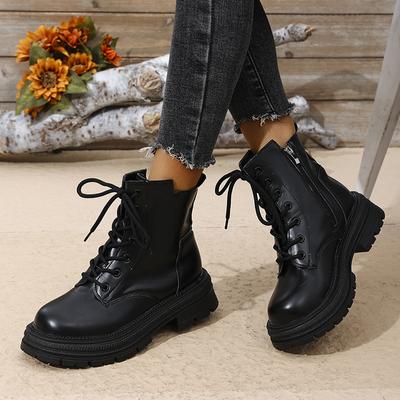 Lucyever Schwarze Plateau-Stiefeletten Damen Punk-Stil Schnürstiefel Motorradstiefel Mujer Übergröße Rutschfest PU-Lederstiefel Frau
