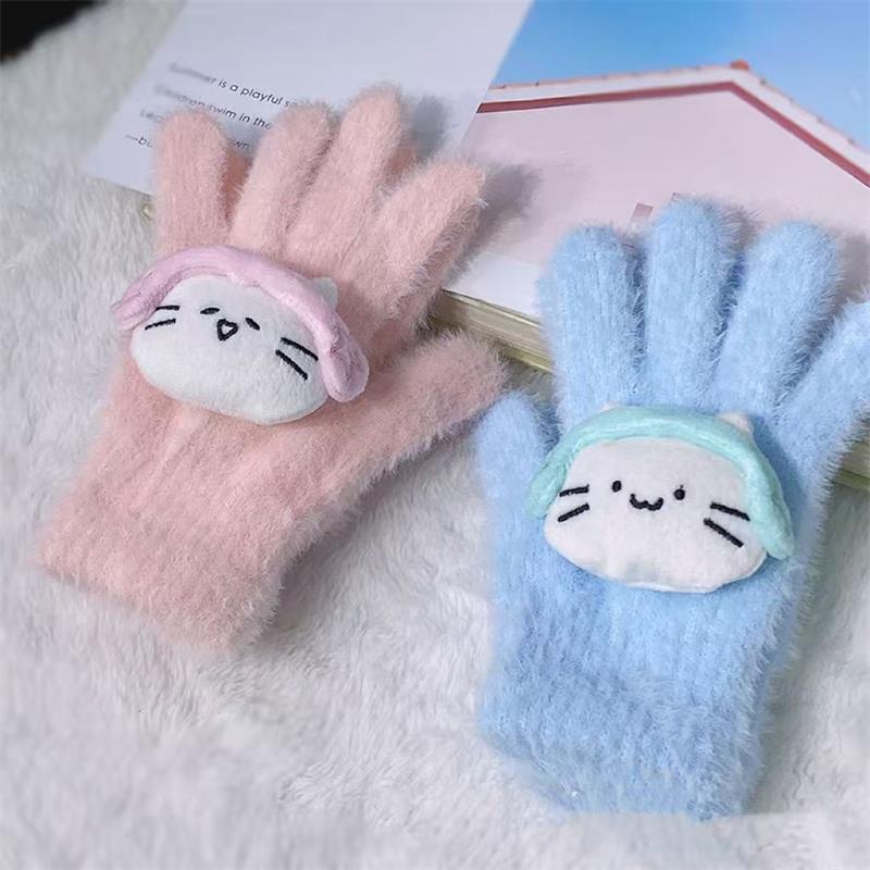 Cute Musical Kitten Cat Gloves Plush Coral Fleece Cold-Proof Gloves Student Winter Warmer Five-Finger Gloves Girl Christmas Gift
