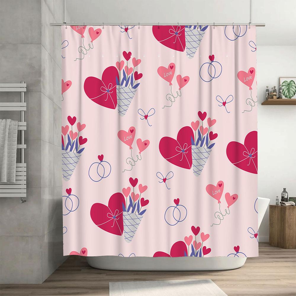 Love Heart Print Shower Curtain Pink Color With Ring Design For Bathroom Decor.