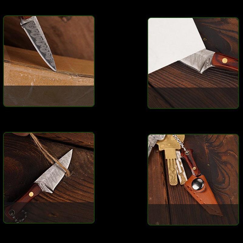 Wooden Handle Mini Knife with Leather Cover Multitool Hand Tools Express Cutter Keychain Pocket Knife Gift for Men Women