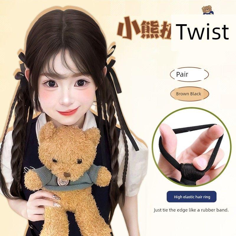 

False Braids Women s Grip New Chinese Ballet Style Ribbon Braided Hair Internet Celebrity Cable Stitch Long Braid Hair Accessories Double Ponytail Wig Bear twisted braid [brown and black] a pair