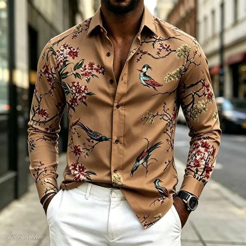 New Men's Shirt Collar Long Sleeved Printed Shirt Street Style Elegant Men's Casual Fashion Top, Comfortable, 17 Colors