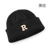 Women's Solid Color Letter Print R Rolled brim knitted hat for outdoor cycling, providing warmth, cold protection, and ear coverage