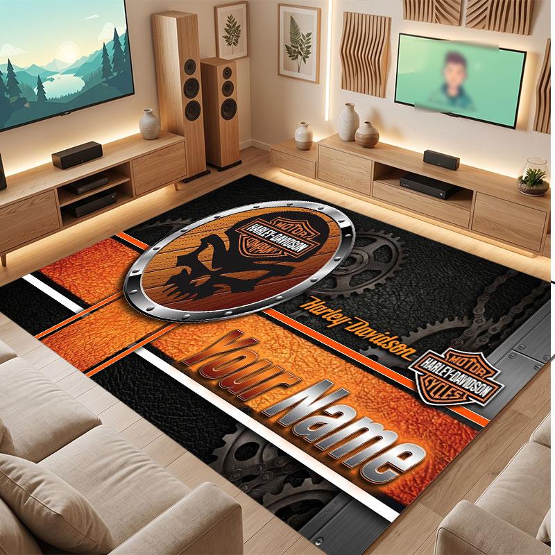 Tappeto in Velluto di Cristallo Personalizzato Harley-Davidson, Tappeto Morbido Antiscivolo con Testo Nome Personalizzato per Soggiorno Camera da Letto