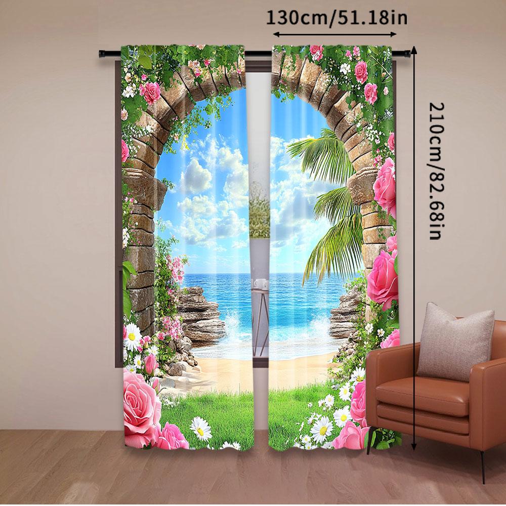 Set Of 2 View Blue Sky Beach Curtains Flowers Stone Arch Scenery Apply Living Room Bedroom Hotel Store Curtain For Great Made Polyester