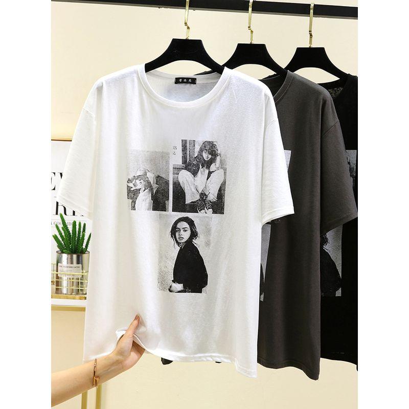 Korean Style Print T-shirt Women Summer round Neck Versatile Short sleeve Top Outer Wear Slimming Cotton Base Quick-Drying Sweatshirts