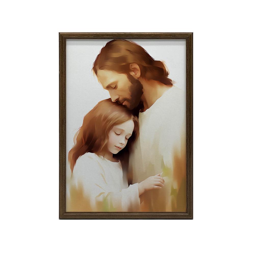 Kärleksfull Omfamning - Jesus Och Flicka Kärleksfull Omfamning - Jesus Och Flicka, 30X40 Cm, Guld Aluminiumram, Matt Papper 230 Gsm
