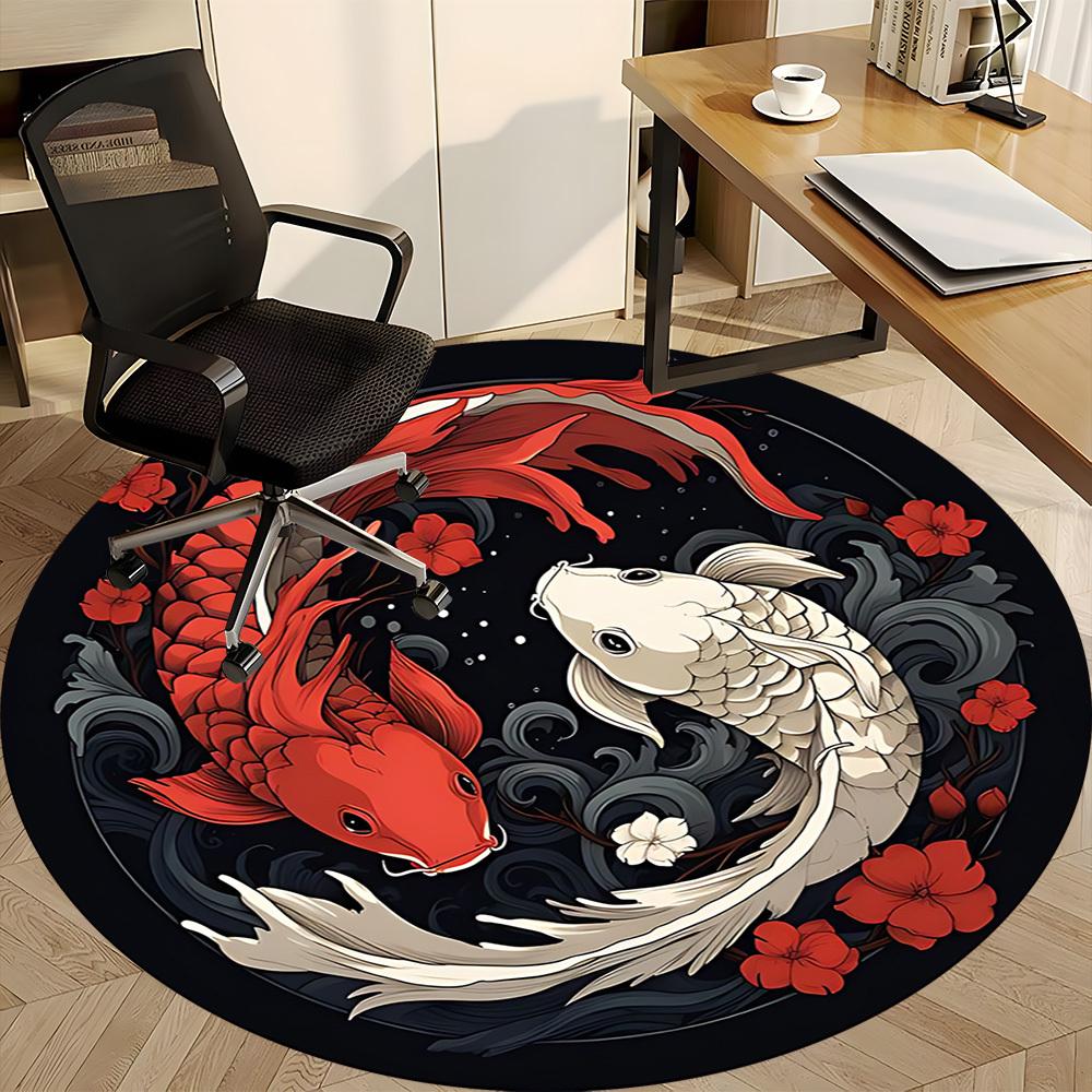 1 Stück Koi-Fisch Yin Yang Büro Runder Teppich, Indoor-Matte Geeignet für Büro, Unter Bürostühlen Schlafzimmer Wohnzimmer Heimdekoration, Raumdeko