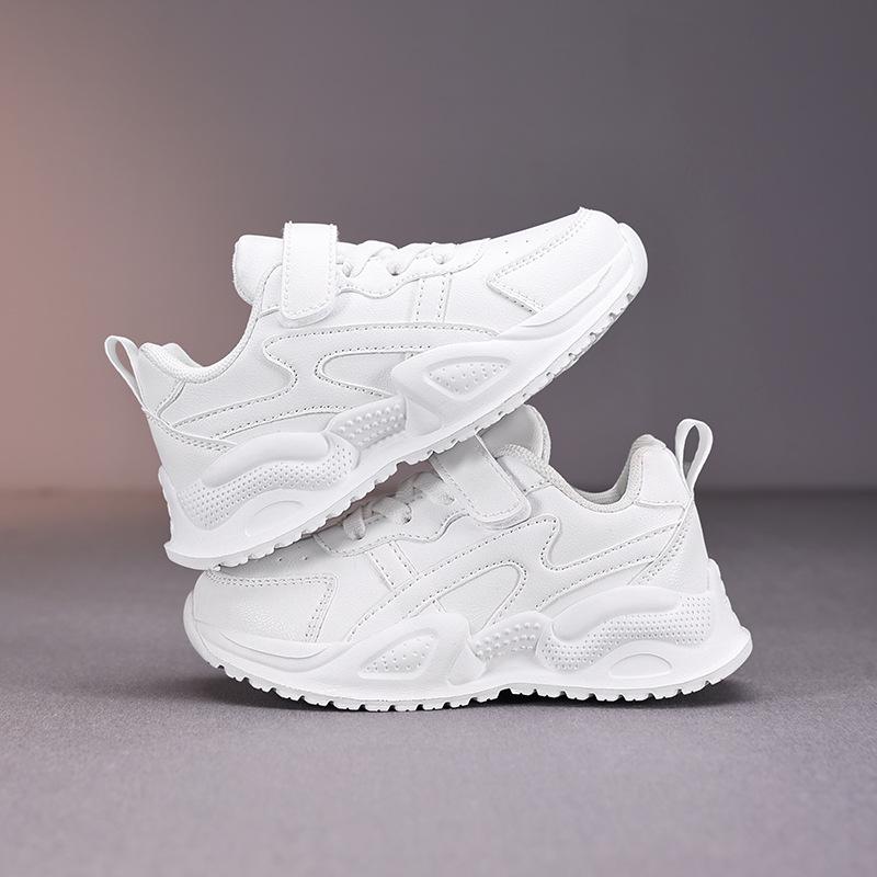 Kids' White Sports Shoes - Waterproof Leather Surface, Unisex Casual Running Sneakers