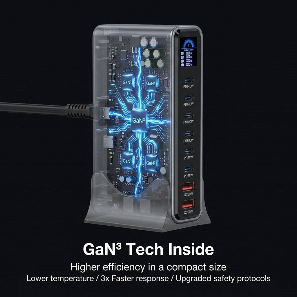 670W GaN³ Desktop Charging Station Digital Power Display 6 USB-C PD 2USB-A QC Power PD 140W Laptop PC Phone Tablet Charger Hub