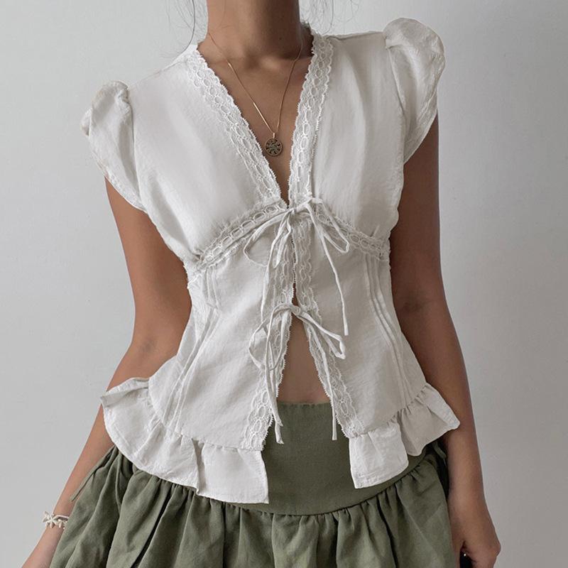 French Lace Pleated Puff Sleeves Tied Blouse for Women with White Lace Relaxed Fit Slim Pure and Sexy Hot Girl Top Short