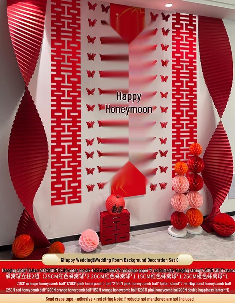 Double Happiness Wedding Room Cloth Banner Set for Ceremony and Hotel Décor