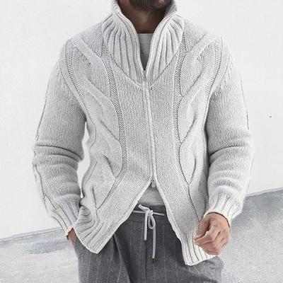 2025 Autumn/Winter Men's High Neck Cable Knit Cardigan - European Style Zipper Long Sleeve Jacket