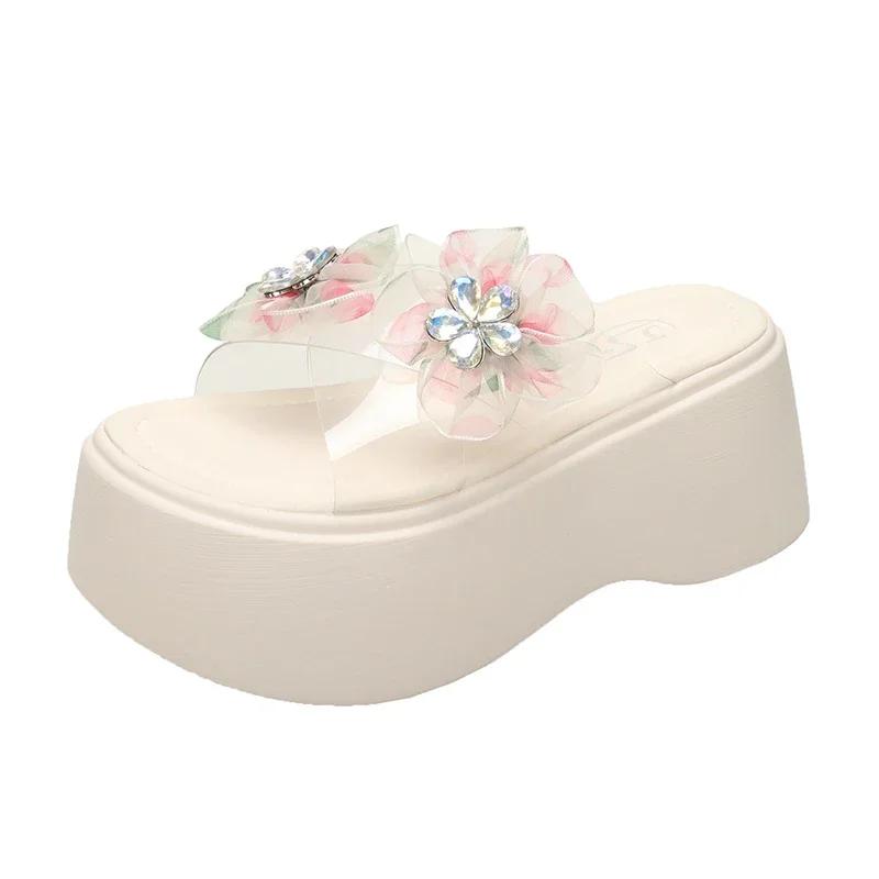 Fashion 8CM New Women Summer Wedge Sandals Transparent Crystal Chunky Platform Slippers Shoes Woman PVC Flower Thick Bottom Sandalias