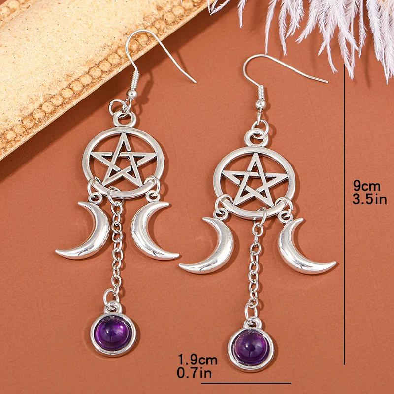 New Gothic Pentagram Crescent Purple Crystal Earrings For Women Fashion Multicolour Moonstone Jewelry Party Accessories Gifts