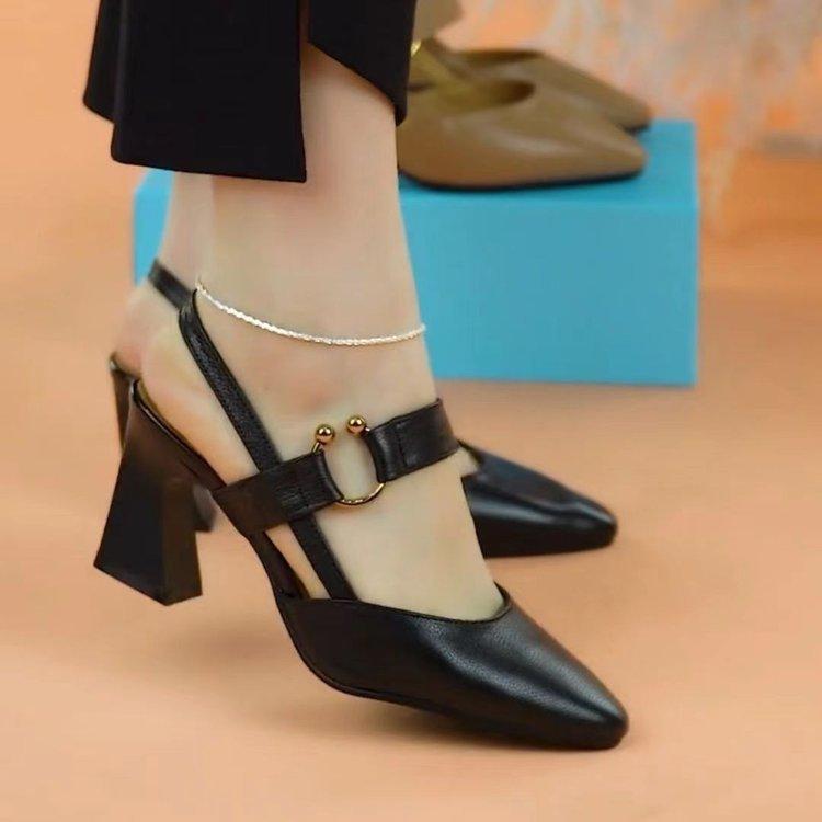 High-heeled Women's Shoes Leather Wine Glass Heel 2025 Spring New Pointed Temperament Foreign-style Medium-heeled Sandals Light