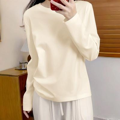 T-shirt en coton à col rond et manches longues pour femme, mode automne, haut basique blanc, coupe ample, t-shirt décontracté