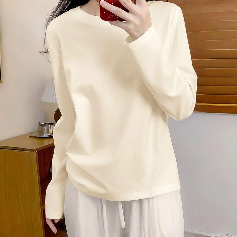 Cotton Round Neck Long Sleeve T-shirt Womens Autumn Fashion Basic White Top Loose Fit Casual Tee