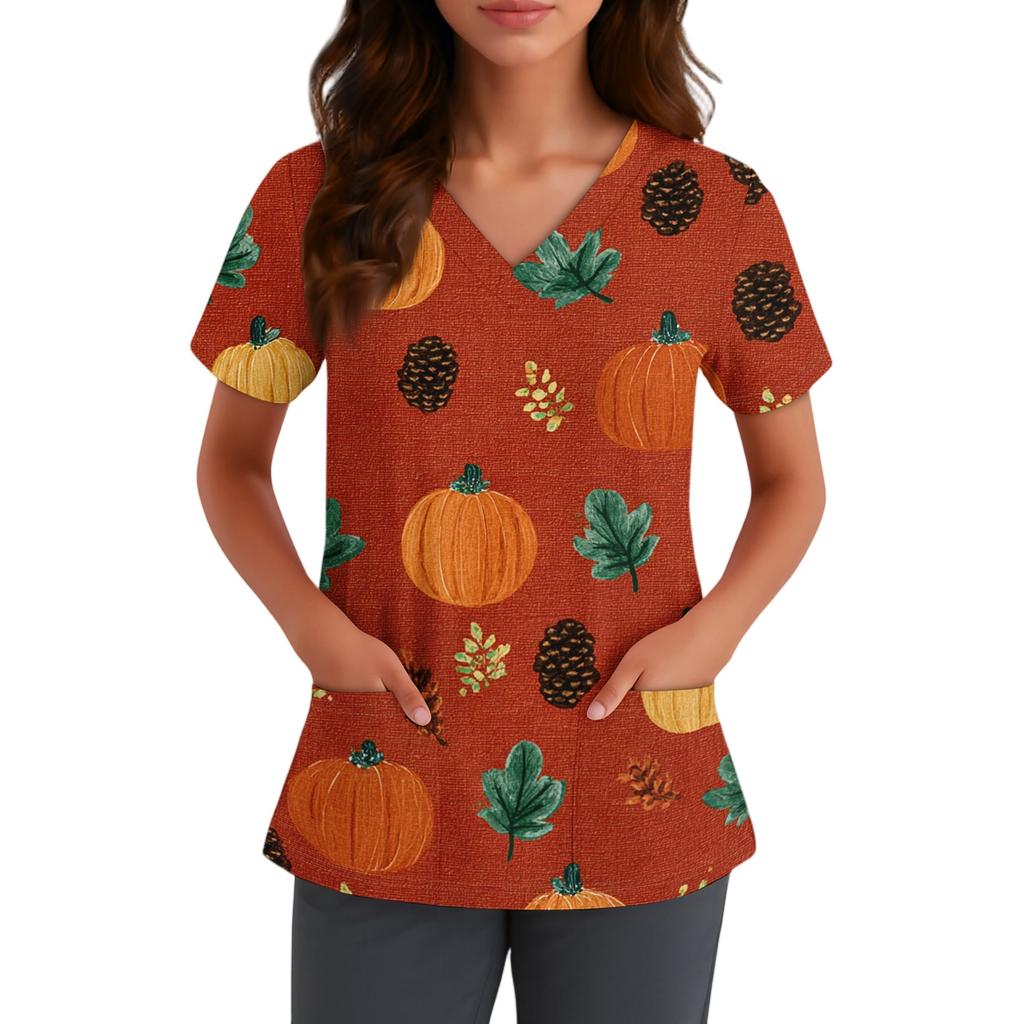 Women V Neck Short Sleeve Work Top with Pocket Halloween Print Scrub Shirt for Healthcare and Service Professionals