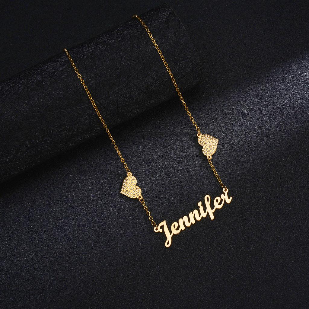 Atoztide Custom Name Zircon Necklace for Women Stainless Steel Double Hearts On Chain Letter Nameplate Choker Jewelry Gift