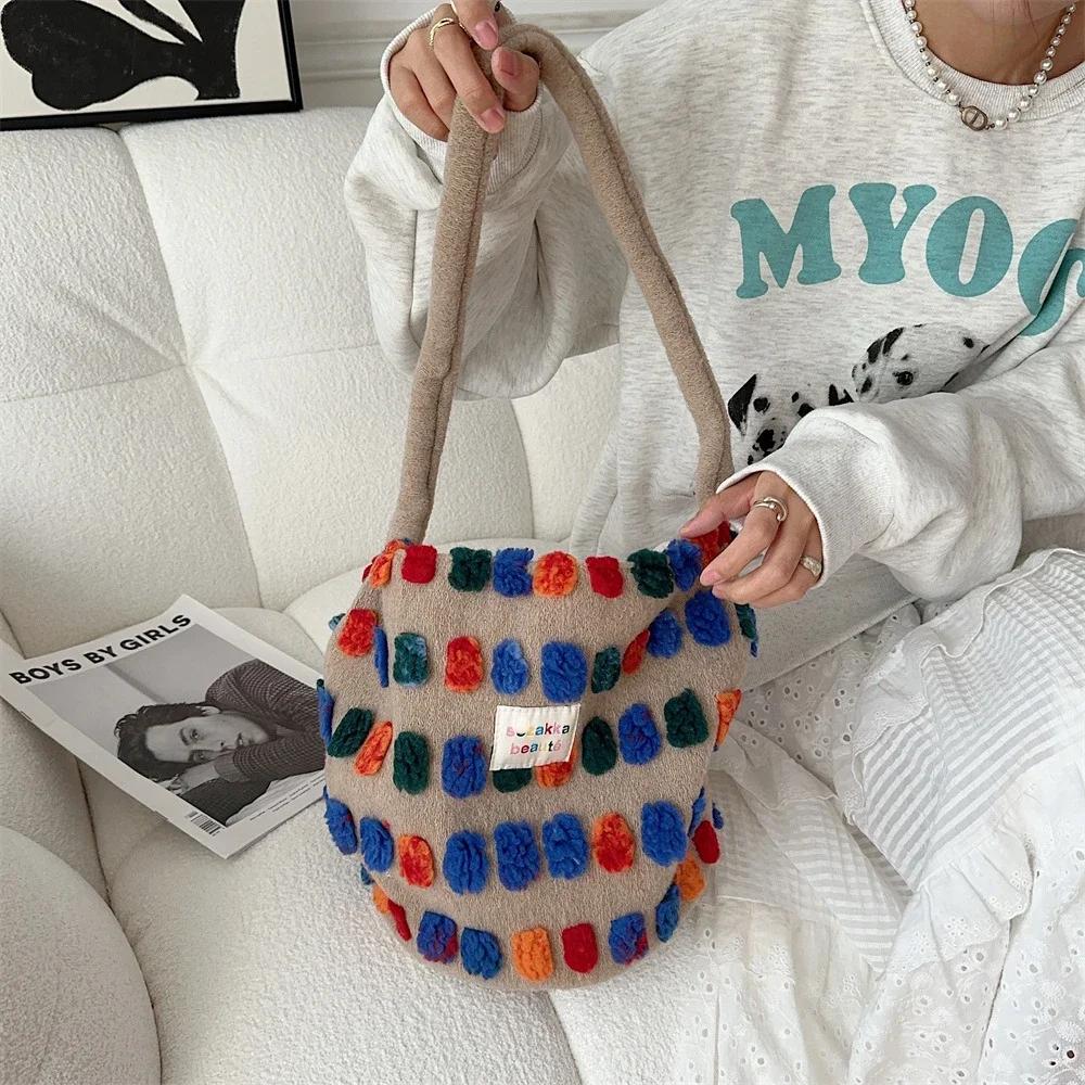Color Plush Dots Women's Bento Handbags Retro Design Female Fluffy Bucket Bags Large Capacity Shoulder Bag Purse Casual Tote