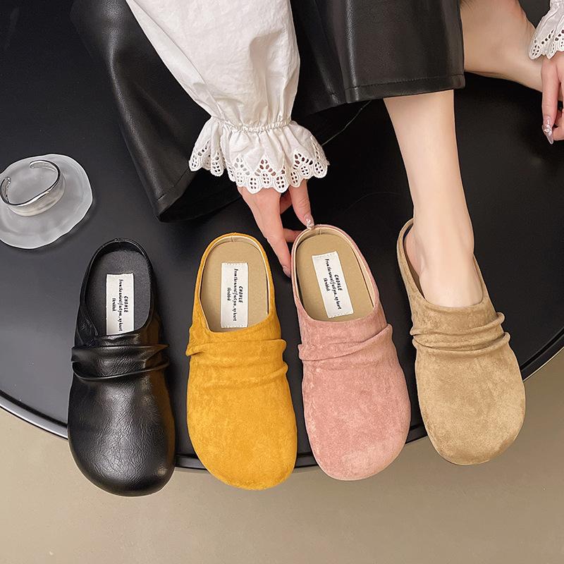 One pedal bag head and half slippers women's new outer wear retro round head versatile thick bottom soft leather