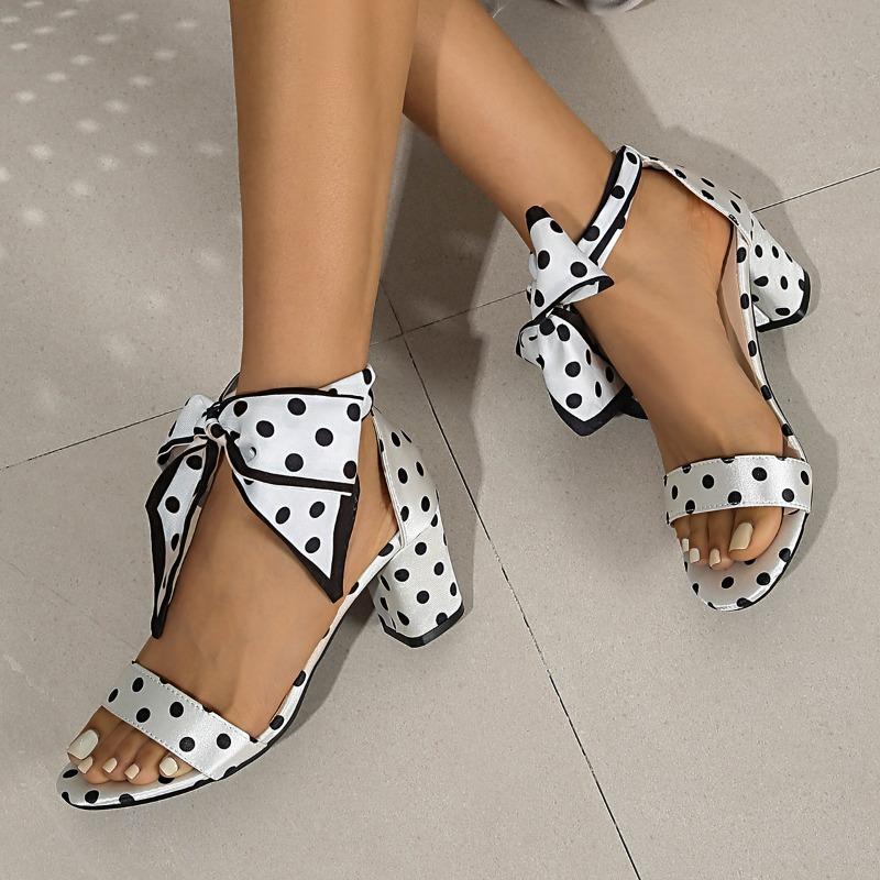 Summer New One-word Strap Stiletto Sandals European and American Fashion Large Size Polka Dot Lace-up Sexy High Heels Women