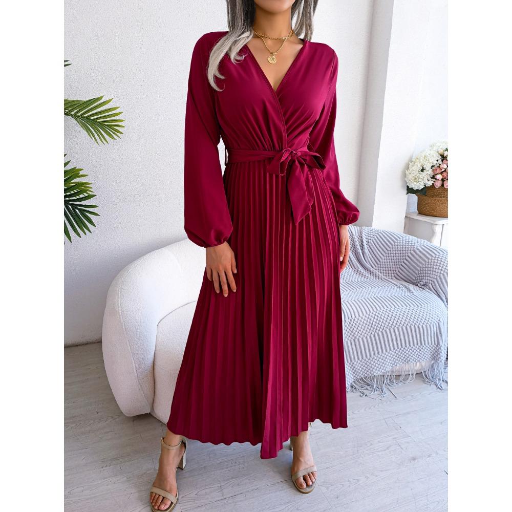 Spring and Summer Temperament Cross V-neck Big Swing Pleated Long Dress Ladies Loose Versatile New Dresses